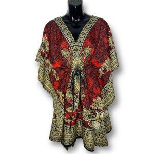 Sapogee Size 2X Red Gold Ornate Rhinestone Made in India V Neck Kaftan Tunic